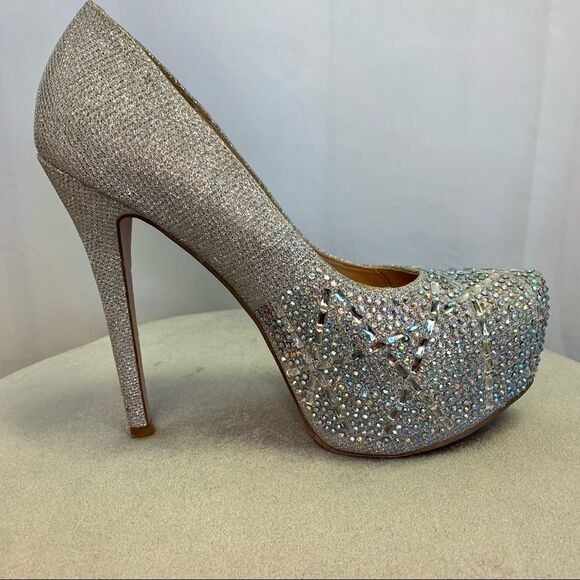 Silver with embellished iridescent Rhinestone gem platform pump High heels 8.5 - Picture 2 of 8